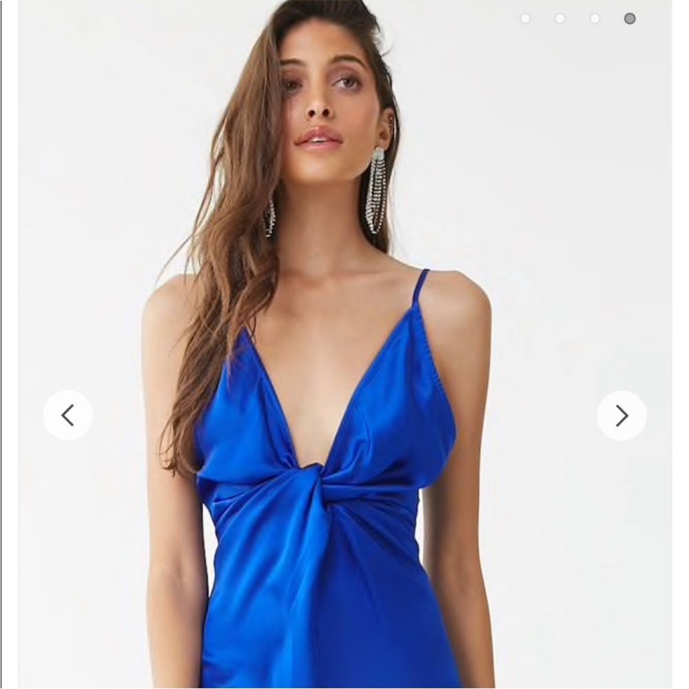 Forever 21 bright blue satin maxi prom dress ball gown knot V-neck sleeveless SM - Picture 3 of 6